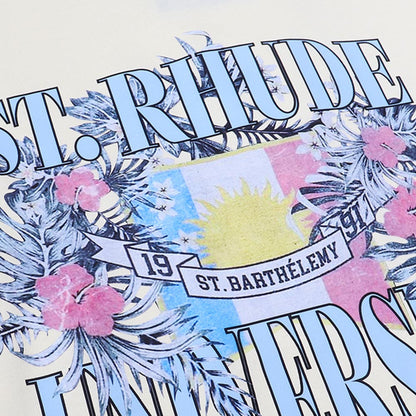 Rhude T-shirts Flag Floral Print Cotton Casual Loose Short Sleeve Men and Women