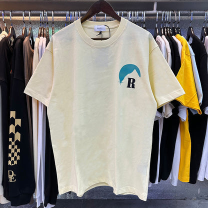 Rhude T-shirts Blue Sunset Print Cotton Casual Short Sleeve Men and Women