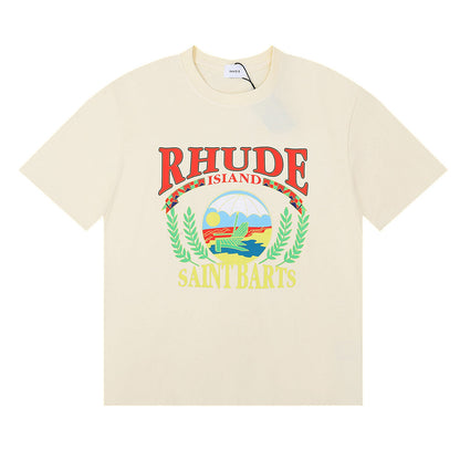 Rhude T-shirts Sunset Beach Pattern Printed Cotton Casual Short Sleeves Men and Women