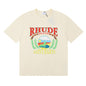 Rhude T-shirts Sunset Beach Pattern Printed Cotton Casual Short Sleeves Men and Women