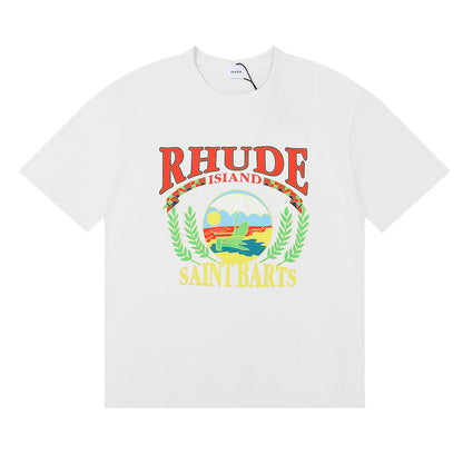 Rhude T-shirts Sunset Beach Pattern Printed Cotton Casual Short Sleeves Men and Women