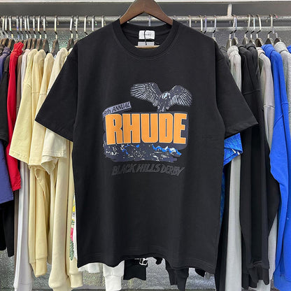 Rhude T-shirts Black Shadow Print Cotton Casual Short Sleeve Men and Women