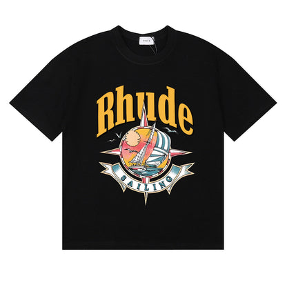 Rhude T-shirts Sailing Nautical Printing Cotton Casual Short Sleeves Men and Women