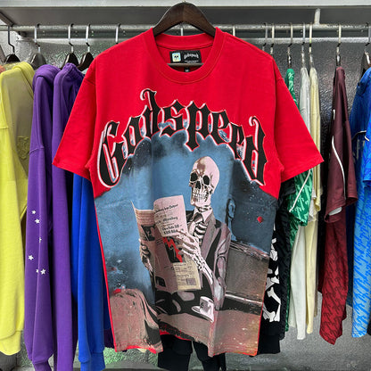 Godspeed T-shirts Newspaper Skull Printing Cotton Casual Short Sleeves Men and Women