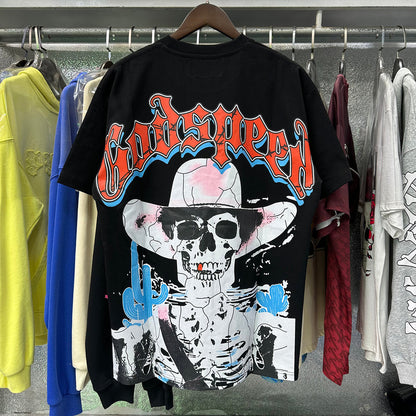 Godspeed T-shirts Great Western Skull Denim Cactus Print Cotton Casual Short Sleeve Men and Women