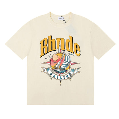 Rhude T-shirts Sailing Nautical Printing Cotton Casual Short Sleeves Men and Women