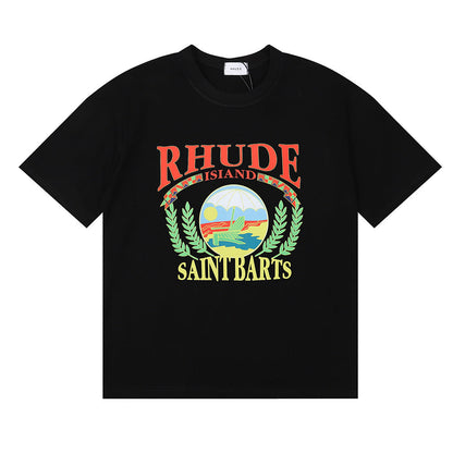 Rhude T-shirts Sunset Beach Pattern Printed Cotton Casual Short Sleeves Men and Women