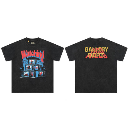 Gallery Dept T Shirts TV Printing Washed Distressed Short Sleeve plus Size