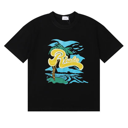Rhude T-shirt Alphabet Coconut Racing Pattern Short Sleeve T-shirt