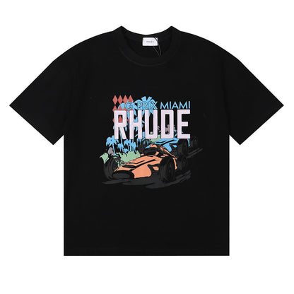Rhude T-shirt Alphabet Coconut Racing Pattern Short Sleeve T-shirt
