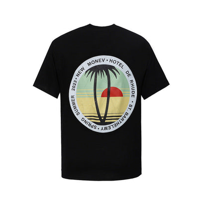 Rhude T-shirt Sunset Coconut Alphabet Print Short Sleeve T-shirt