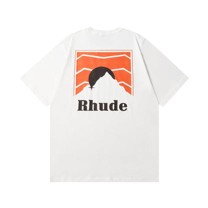 Rhude T-shirt Striped Sunset Snow Mountain Print Short Sleeve T-shirt