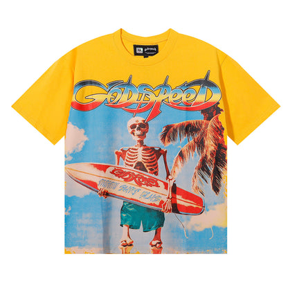 Godspeed T-shirts Beach Skull Surfboard Print Cotton Casual Short Sleeve Men and Women