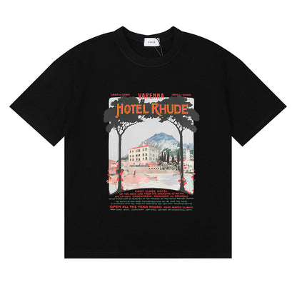 Rhude T-shirts Varenna Town Printed Cotton Casual Short Sleeves Men and Women