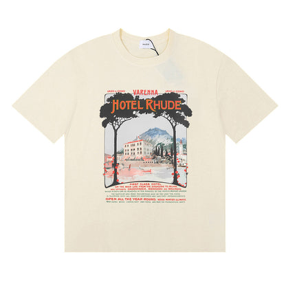 Rhude T-shirts Varenna Town Printed Cotton Casual Short Sleeves Men and Women