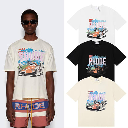 Rhude T-shirts Retro Racing Printed Cotton Casual Short Sleeve Men and Women
