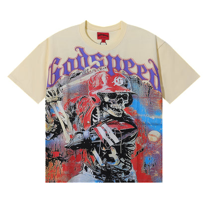Godspeed T-shirts Skull Baseball Players Printed Cotton Casual Short Sleeves Men and Women