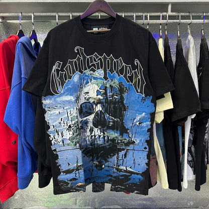 Godspeed T-shirts Skull Landscape Printing Cotton Casual Short Sleeves Men and Women