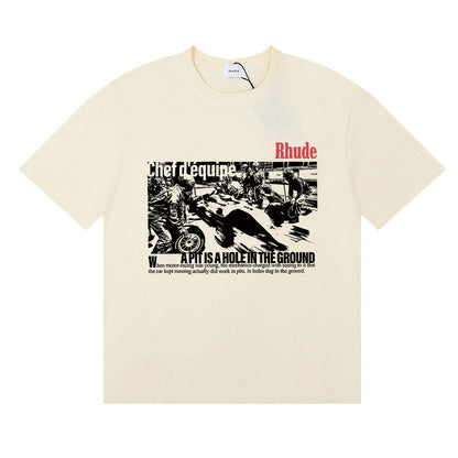Rhude T-shirts Racing Tire Change Scene Printed Cotton Casual Short Sleeves Men and Women