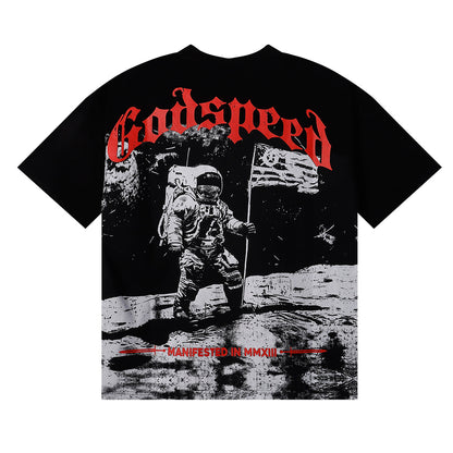 Godspeed T-shirts Astronaut Moon Landing Print Cotton Casual Short Sleeve Men and Women